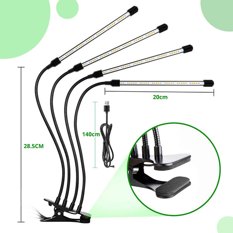 4 Head LED USB Full Spectrum Plant Grow Light with Clips