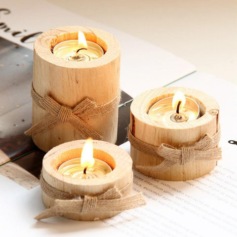 3Pcs Handmade Pine Wood Round Candle Holder Set