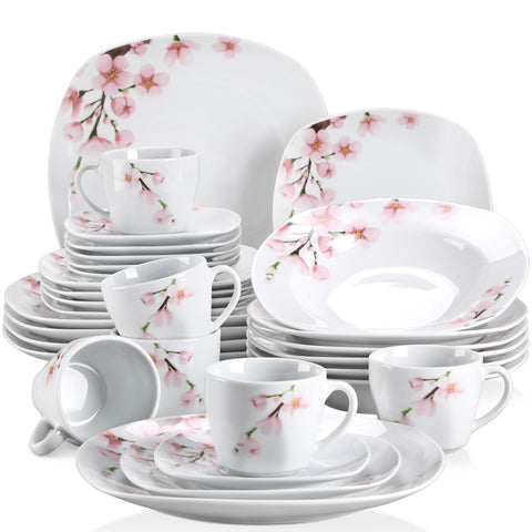 Juego de platos de porcelana floral rosa de cerámica blanca