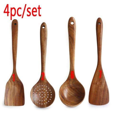 Cucharas De Madera De Teca Natural Para Sartén Antiadherente