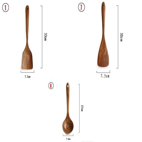 Cucharas De Madera De Teca Natural Para Sartén Antiadherente