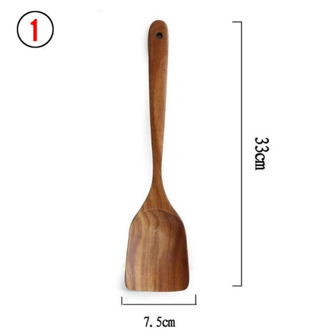 Cucharas De Madera De Teca Natural Para Sartén Antiadherente