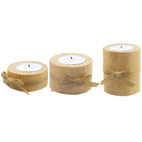 3Pcs Handmade Pine Wood Round Candle Holder Set