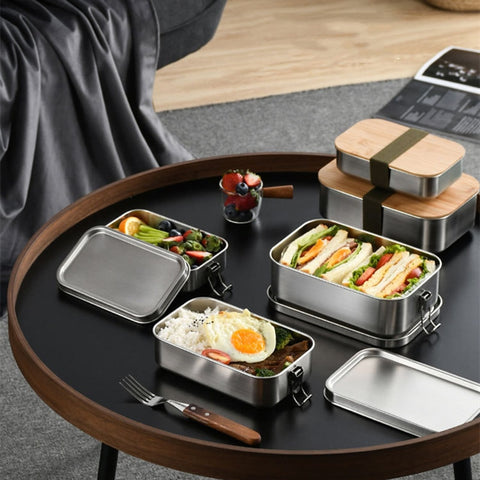 Caja bento con tapa de bambú de acero inoxidable de estilo japonés