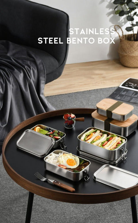 Caja bento con tapa de bambú de acero inoxidable de estilo japonés