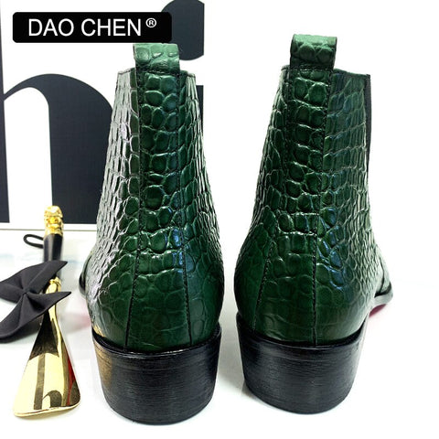 Men's Genuine Leather Green/Black Slip-On Dress Boots