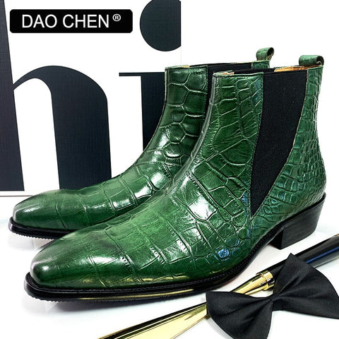 Men's Genuine Leather Green/Black Slip-On Dress Boots