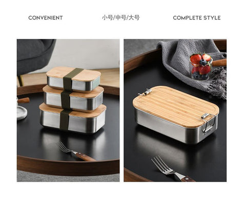 Caja bento con tapa de bambú de acero inoxidable de estilo japonés