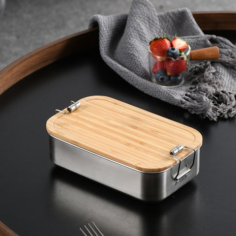 Caja bento con tapa de bambú de acero inoxidable de estilo japonés