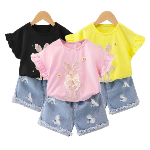 Camiseta + Pantalones de conejo de algodón de verano de manga corta