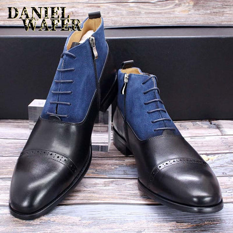 Men's Genuine Leather Suede Luxury Two-Tone Zipper Lace Up Ankle Boots