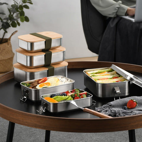 Caja bento con tapa de bambú de acero inoxidable de estilo japonés