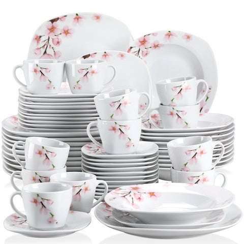 Juego de platos de porcelana floral rosa de cerámica blanca