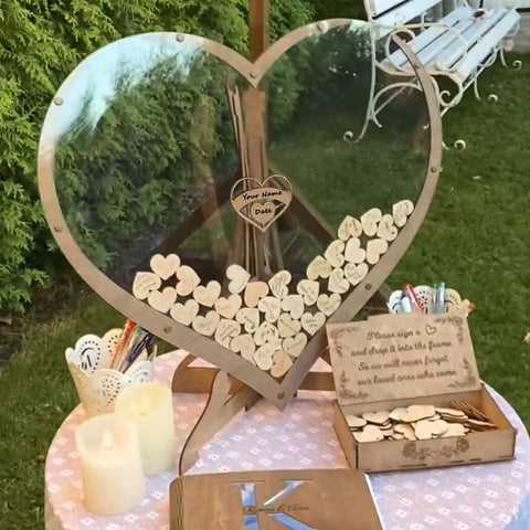 Tarjeta de madera en forma de corazón para invitados, decoraciones de boda